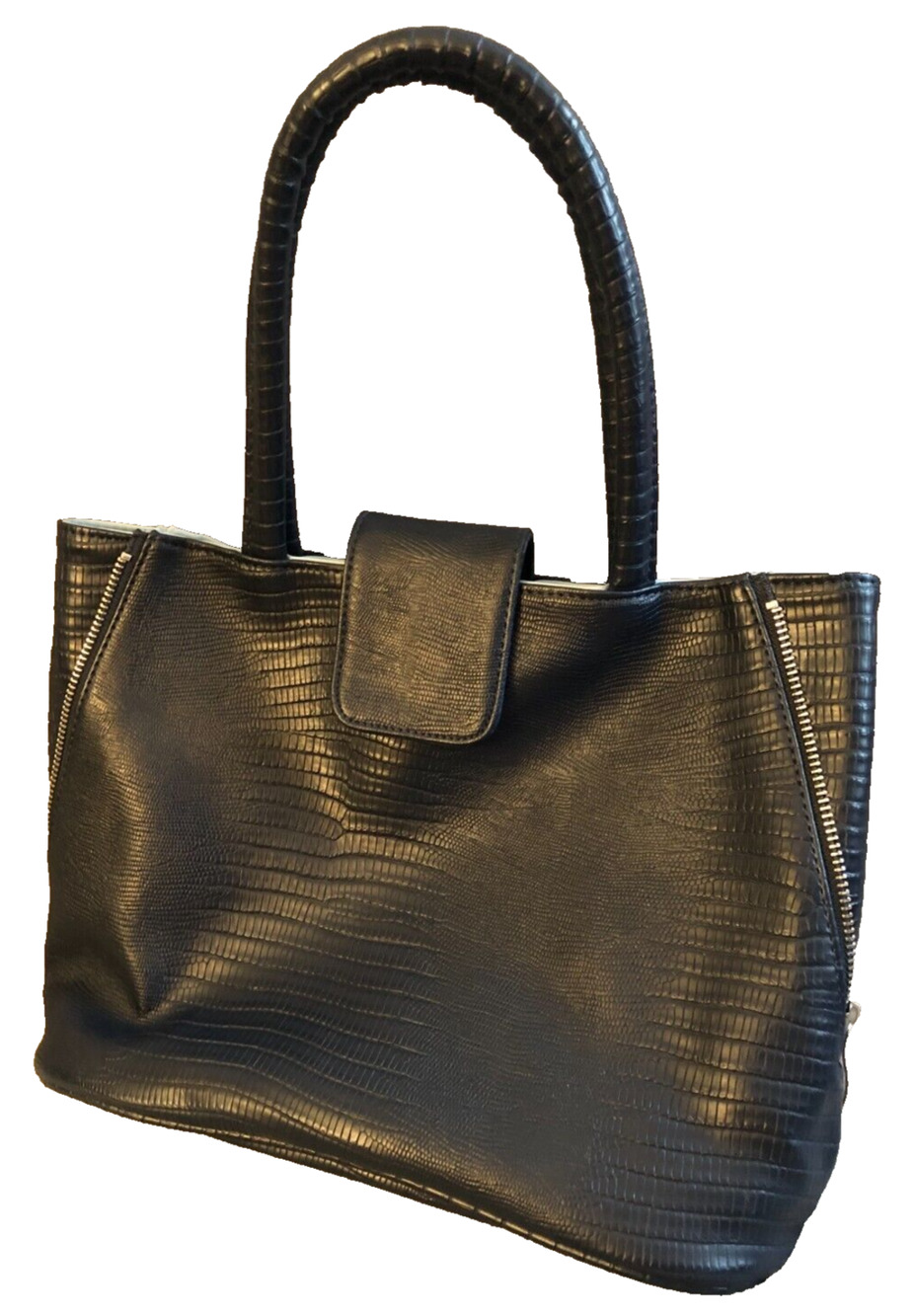 Geir Ness Laila Navy Faux Leather Croc Embossed Double Handle Tote